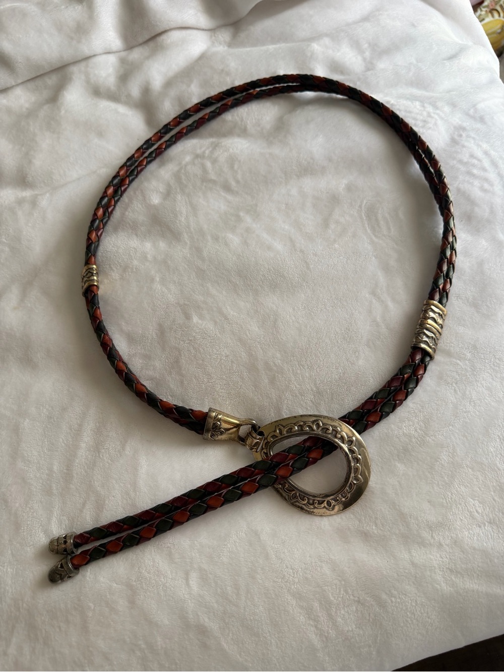 Brighton Braided Leather Belt Necklace in Red and Black with Silver-Tone Ring
